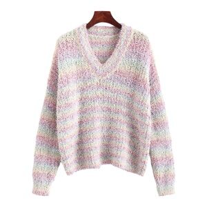 Multi Colored Popcorn Knit Striped V Neck Sweater